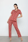 Zivame Knit Cotton Pyjama Set - Burnt Brick — thumbnail 1